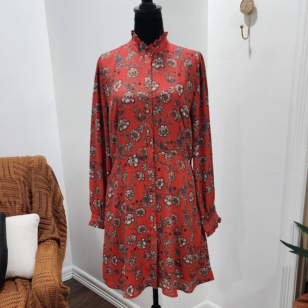 Loft Floral Print A Line Ruffle Trim Shirt Dress  Size/ 6
